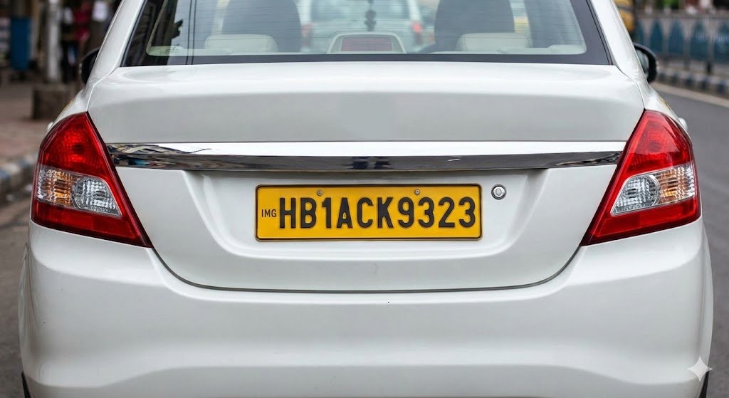 Booking a Cab in Noida? 5 Things You Must Know Before Your Next Ride a close up of a car's rear showing a yellow commercial license plate, indicating a legally registered cab service.