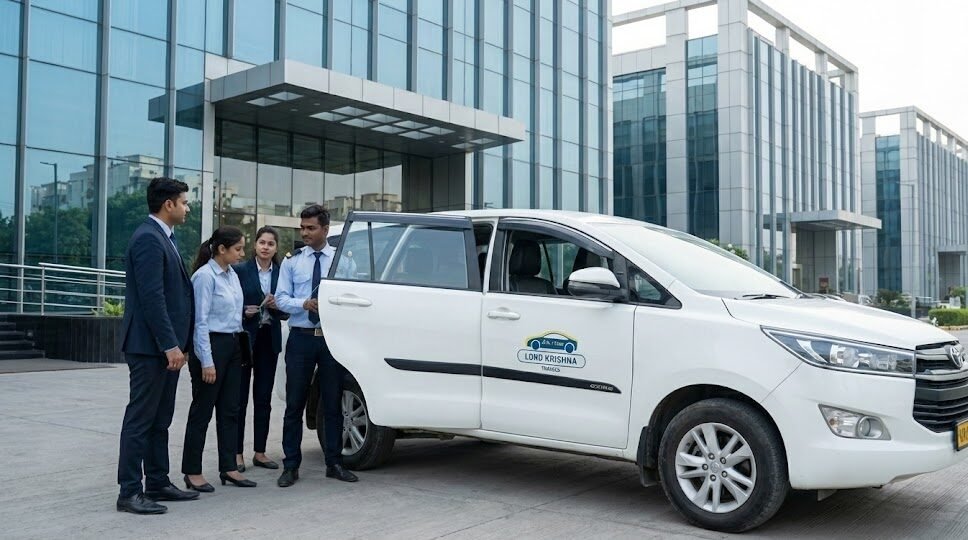 corporate employees boarding a white lord krishna travels innova crysta mpv at an office park in noida for their daily commute.